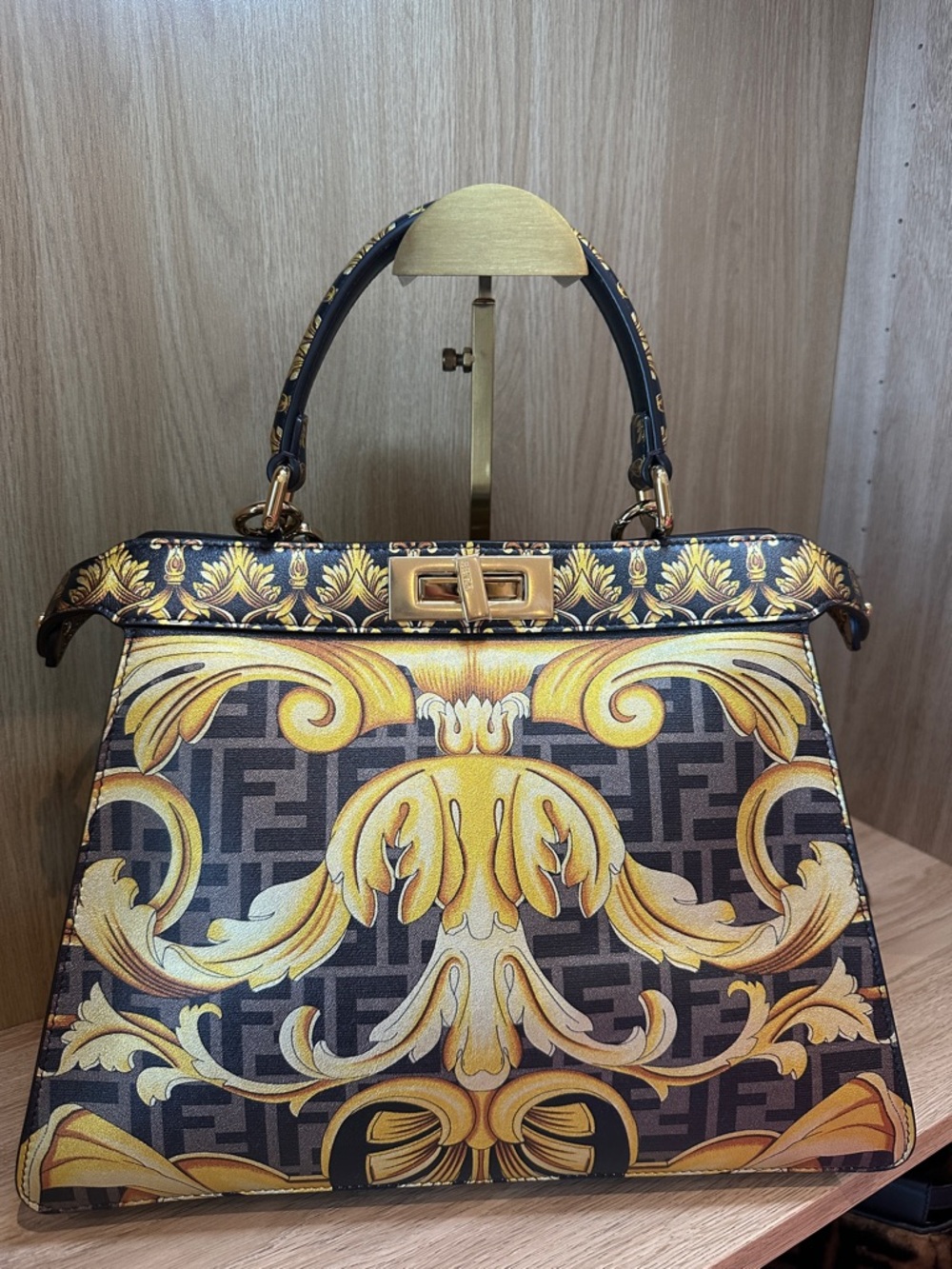 Fendi Baroque Print Top-Handle Satchel in Yellow and Black (Medium Size)